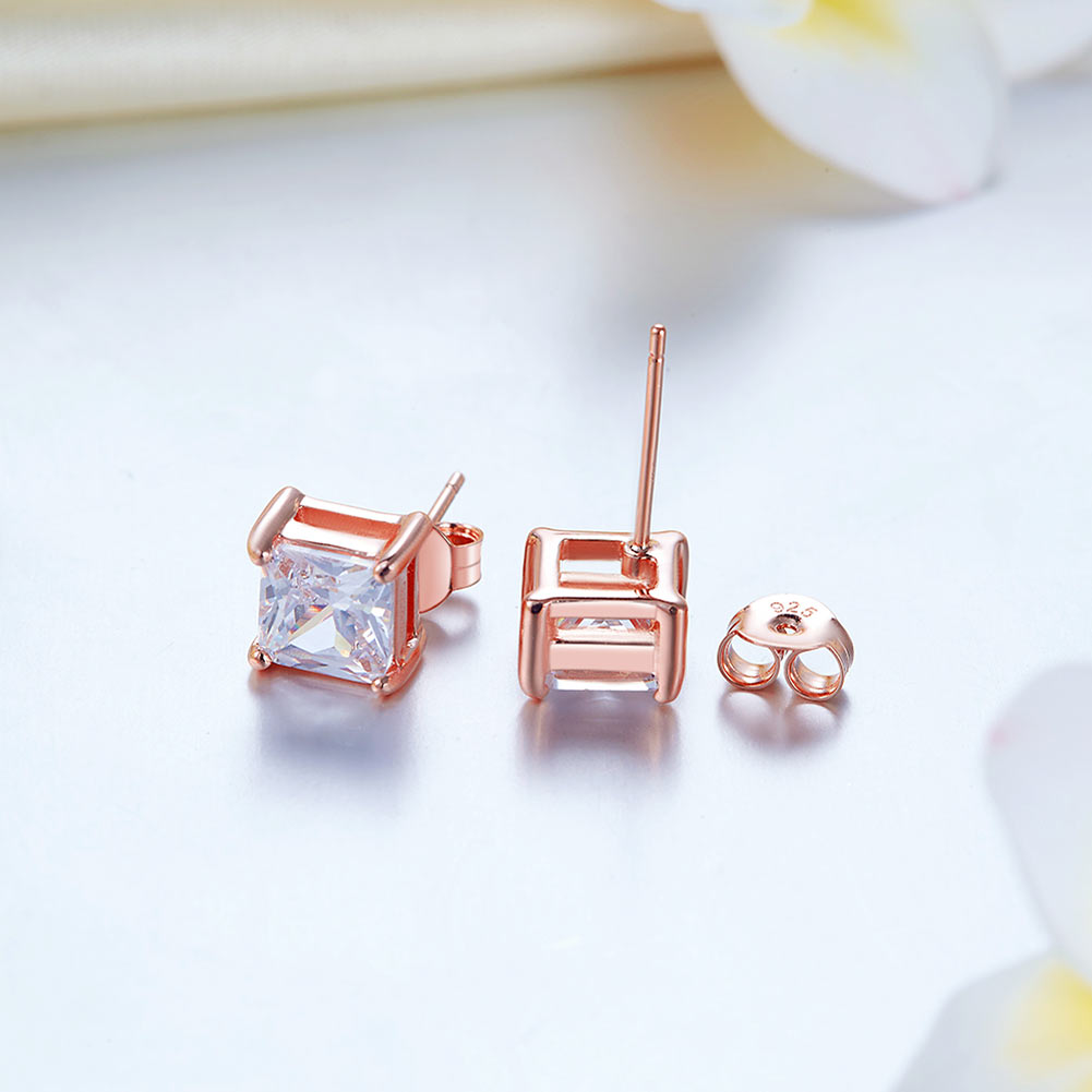 1 Ct Princess Cut Simulated Diamond Stud Earrings 925 Sterling Silver Rose Gold Plated - View 5 | SelinJewels