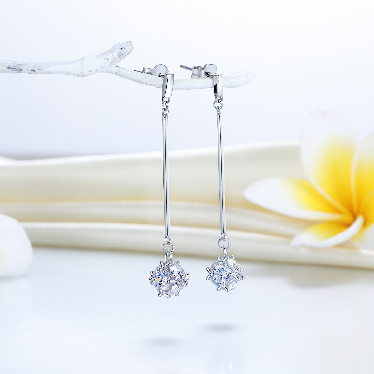 Elegant 925 Sterling Silver Earrings Dangle Cube Simulated Diamonds - View 2 | SelinJewels