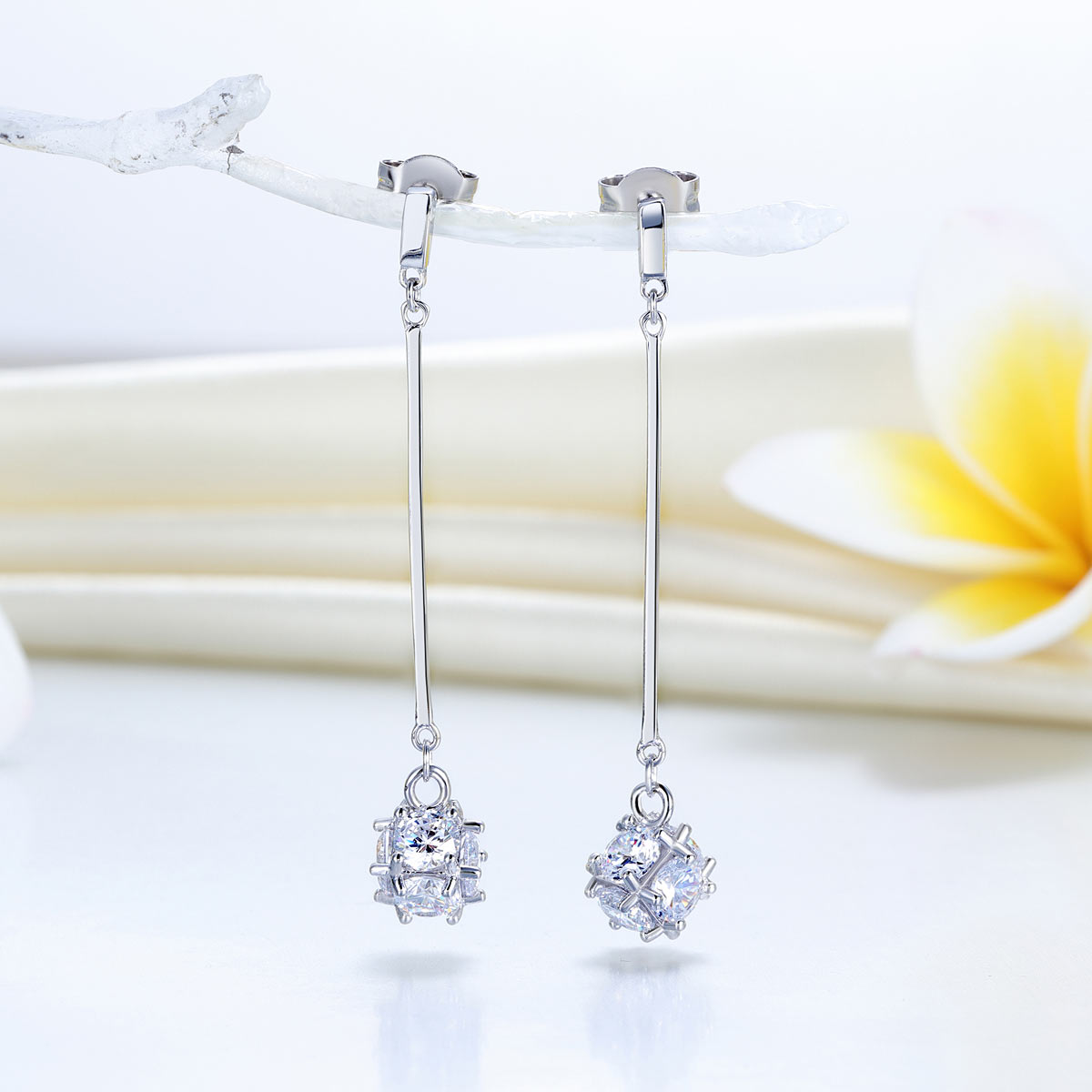 Elegant 925 Sterling Silver Earrings Dangle Cube Simulated Diamonds - View 3 | SelinJewels