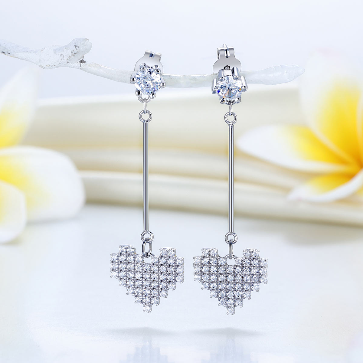 Dangle Heart 925 Sterling Silver Earrings Evening Bridal Bridesmaid - View 2 | SelinJewels