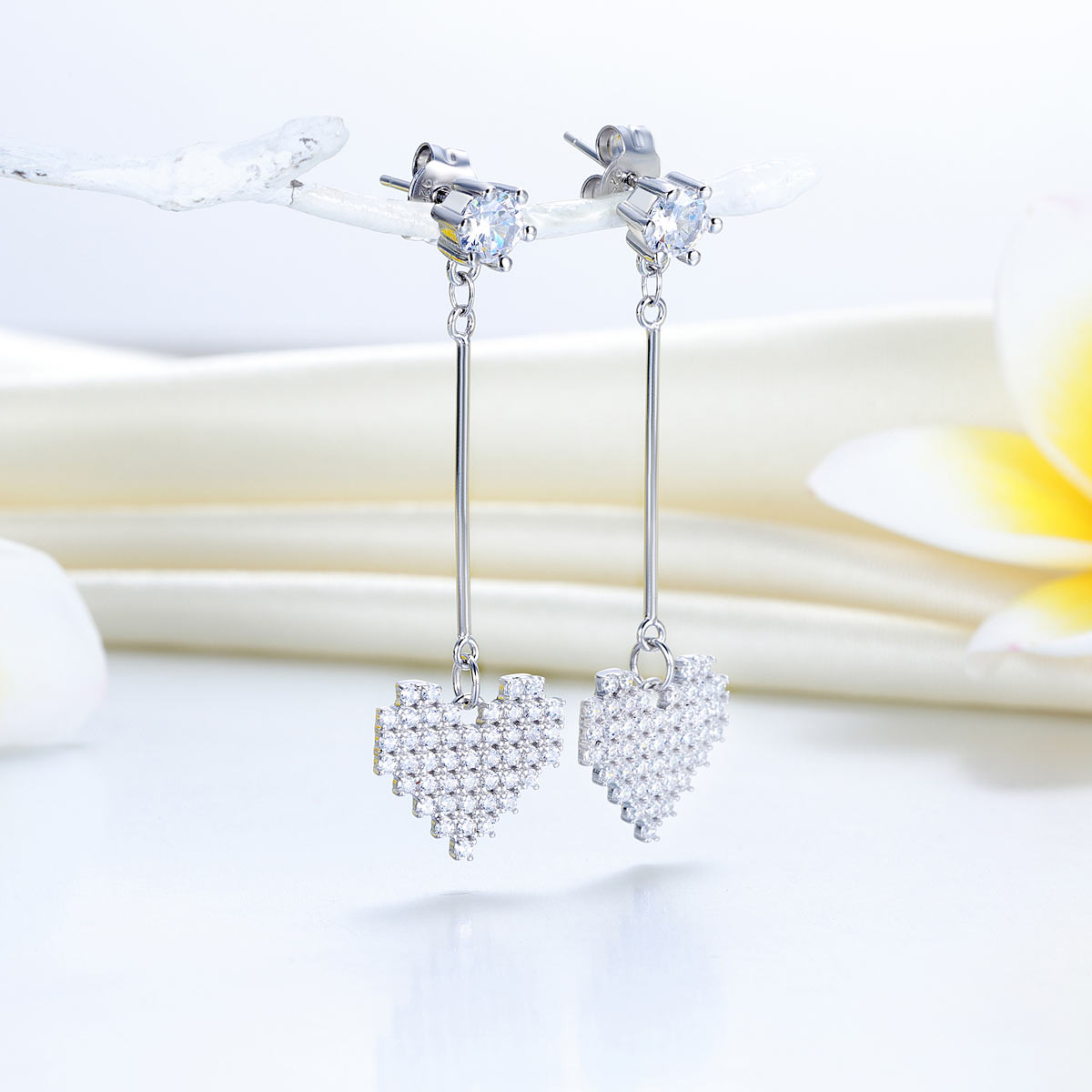 Dangle Heart 925 Sterling Silver Earrings Evening Bridal Bridesmaid - View 3 | SelinJewels
