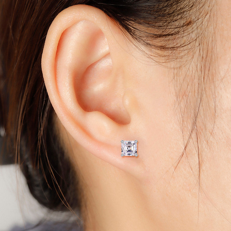 Asscher Cut Simulated Diamond Stud Earrings - View 2 | SelinJewels