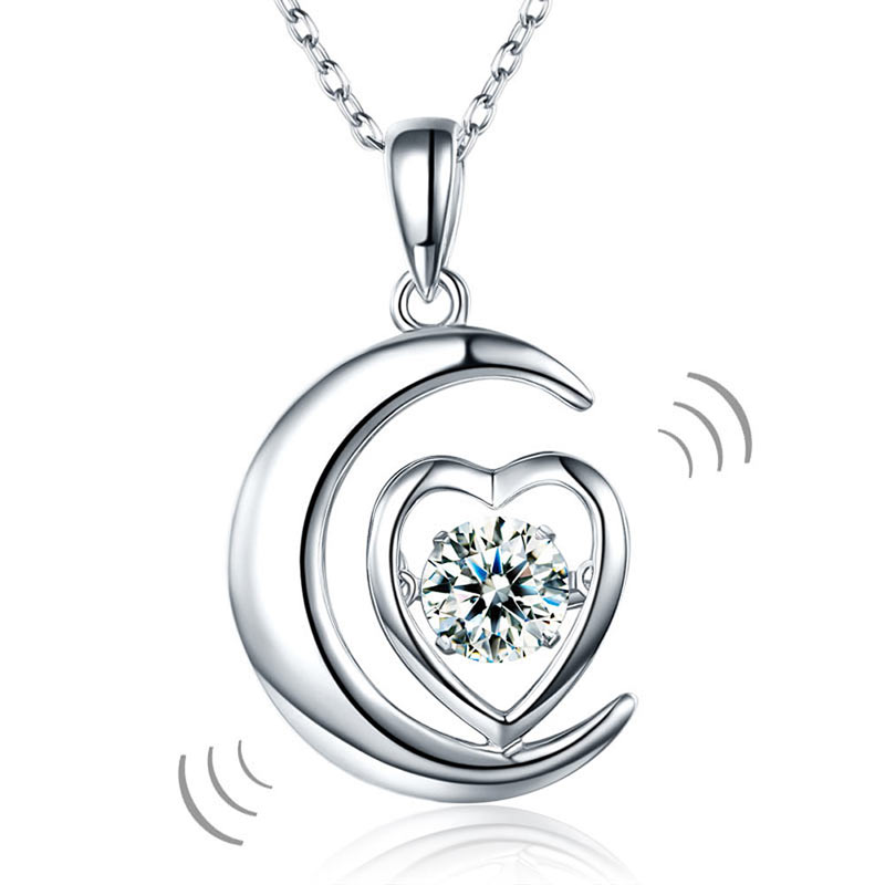 Dancing Stone Moon Heart Pendant Necklace 925 Sterling Silver | SelinJewels