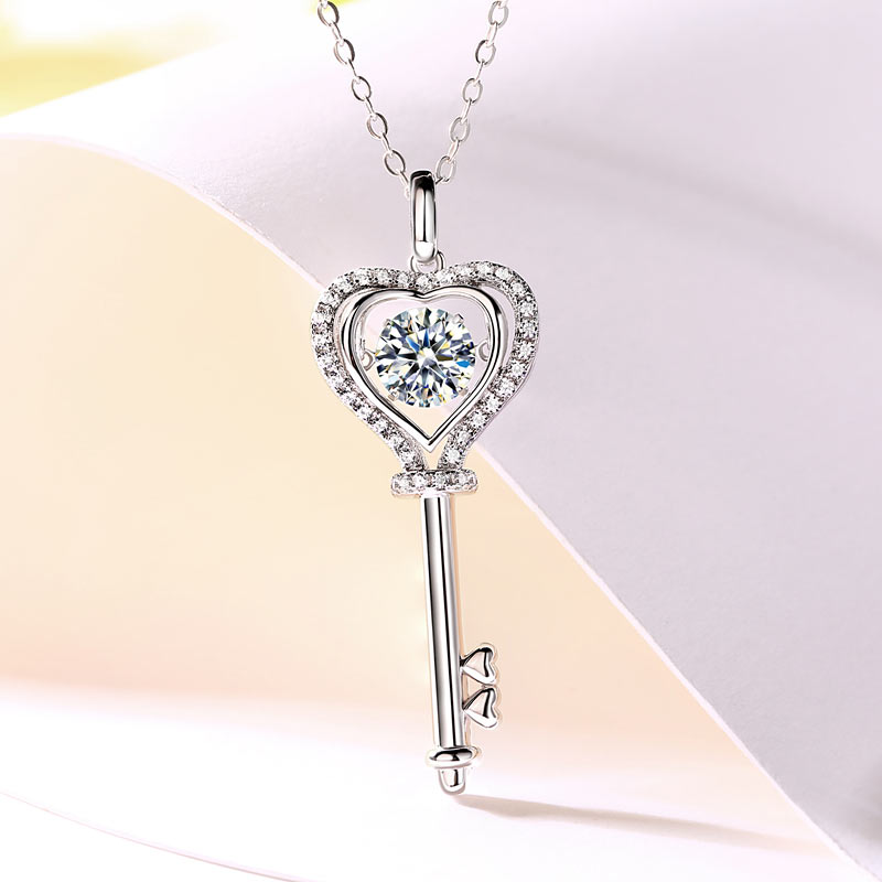 Moissanite Diamond Dancing Stone Key Necklace - View 3 | SelinJewels