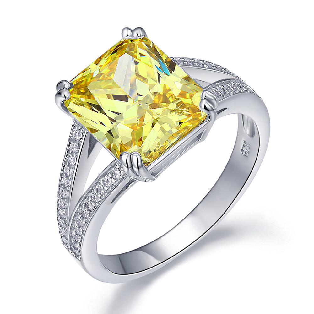 925 Sterling Silver Luxury Ring 6 Carat Fancy Yellow Simulated Diamond Radiant Cut | SelinJewels