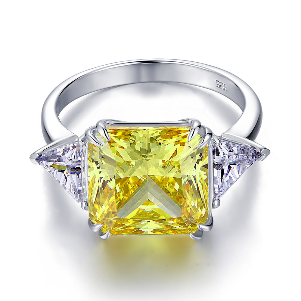 Solid 925 Sterling Silver Three-Stone Luxury Ring 8 Carat Yellow Canary Simulated Diamond