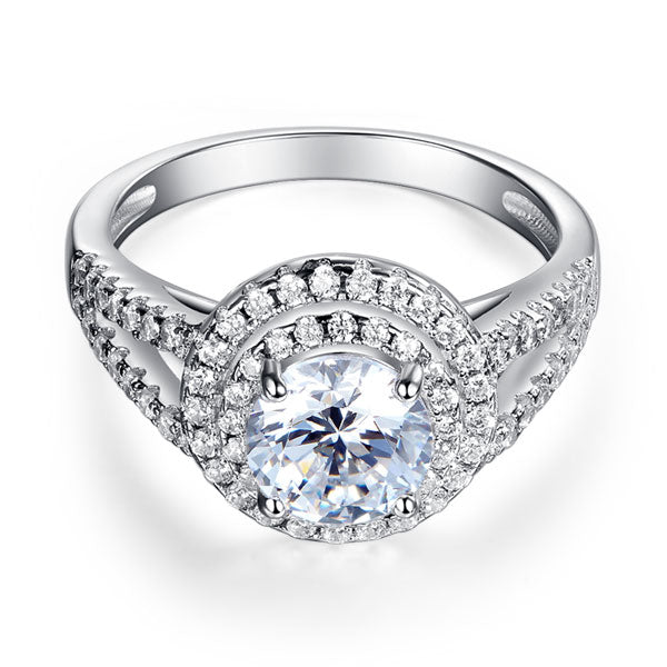 Double Halo 925 Sterling Silver Ring Simulated Diamond - View 4 | SelinJewels