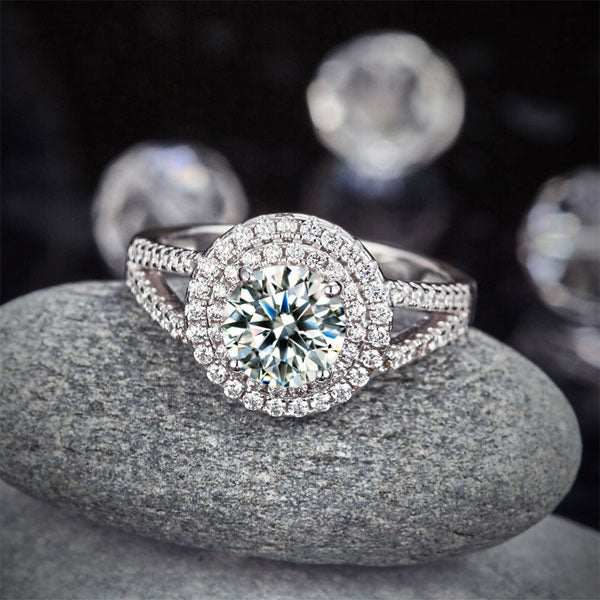 Double Halo 925 Sterling Silver Ring Simulated Diamond - View 6 | SelinJewels