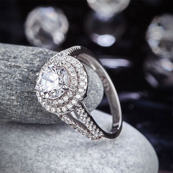 Double Halo 925 Sterling Silver Ring Simulated Diamond - View 7 | SelinJewels