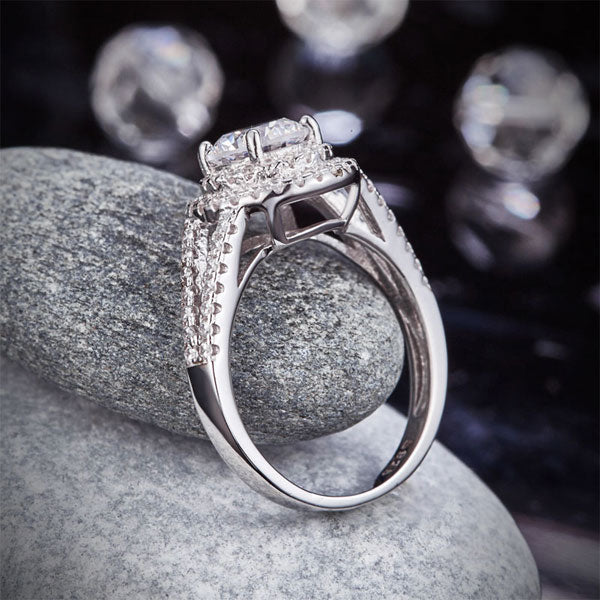 Double Halo 925 Sterling Silver Ring Simulated Diamond - View 8 | SelinJewels