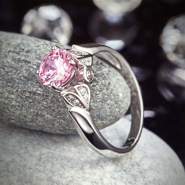 Flower Silver Promise Ring Fancy Pink Diamond - View 7 | SelinJewels