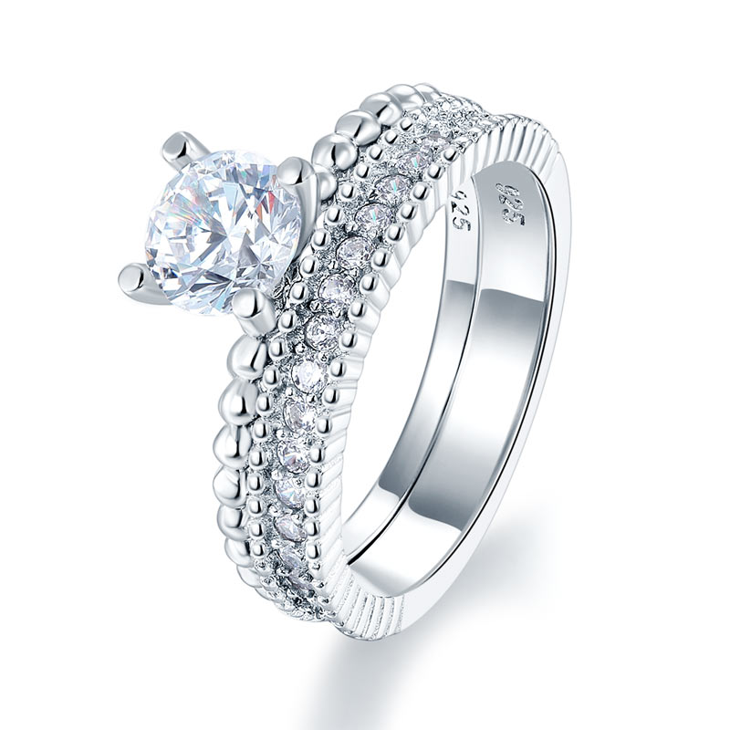 Solid 925 Sterling Silver 2-Pcs Wedding Engagement Ring Set 1 Ct Simulated Diamante Jewelry