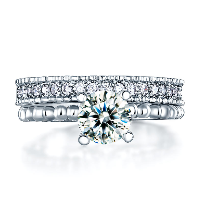 Solid 925 Sterling Silver 2-Pcs Wedding Engagement Ring Set 1 Ct Simulated Diamante Jewelry