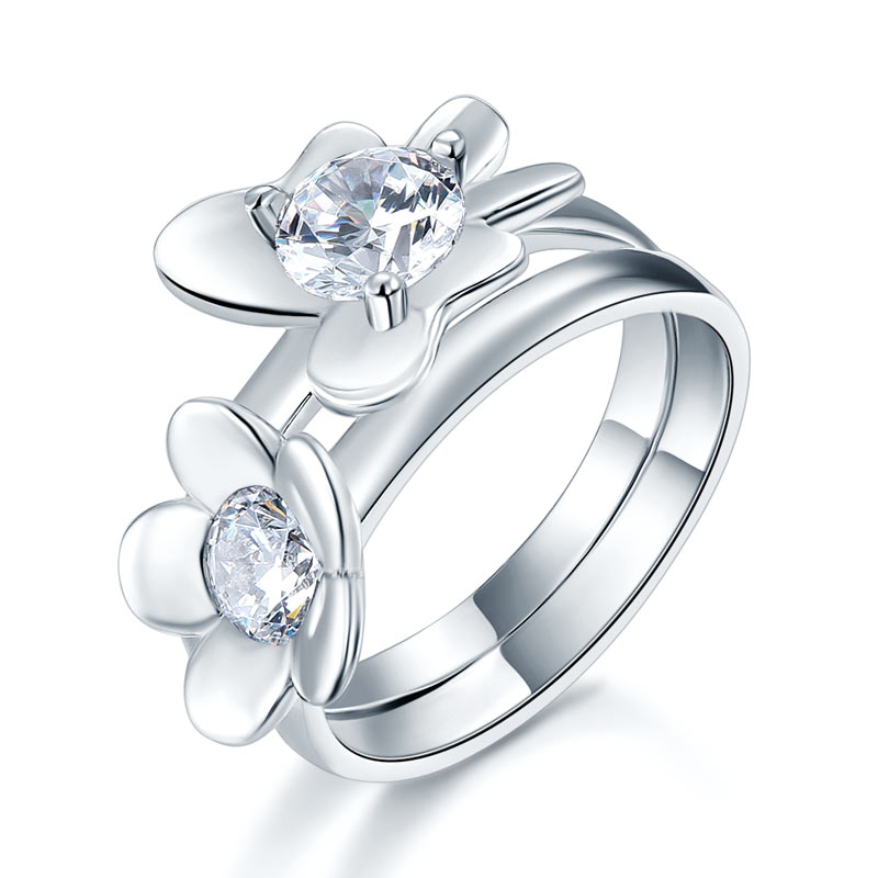 Solid 925 Sterling Silver 2-Pcs Butterfly Flower Ring Set Lady Jewelry New Design