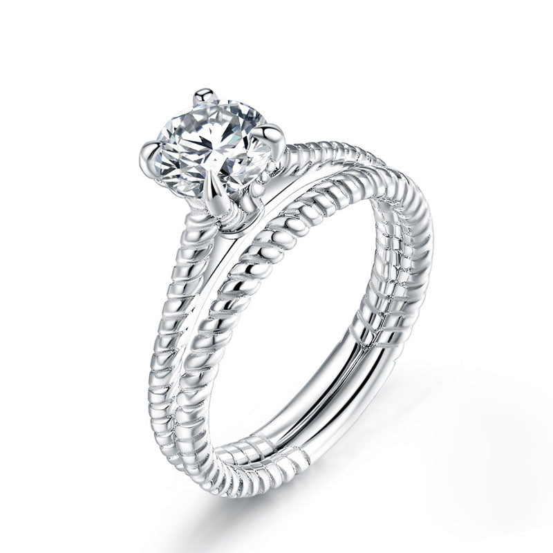 Promise Engagement Silver Twist Solitaire Ring Set - View 2 | SelinJewels