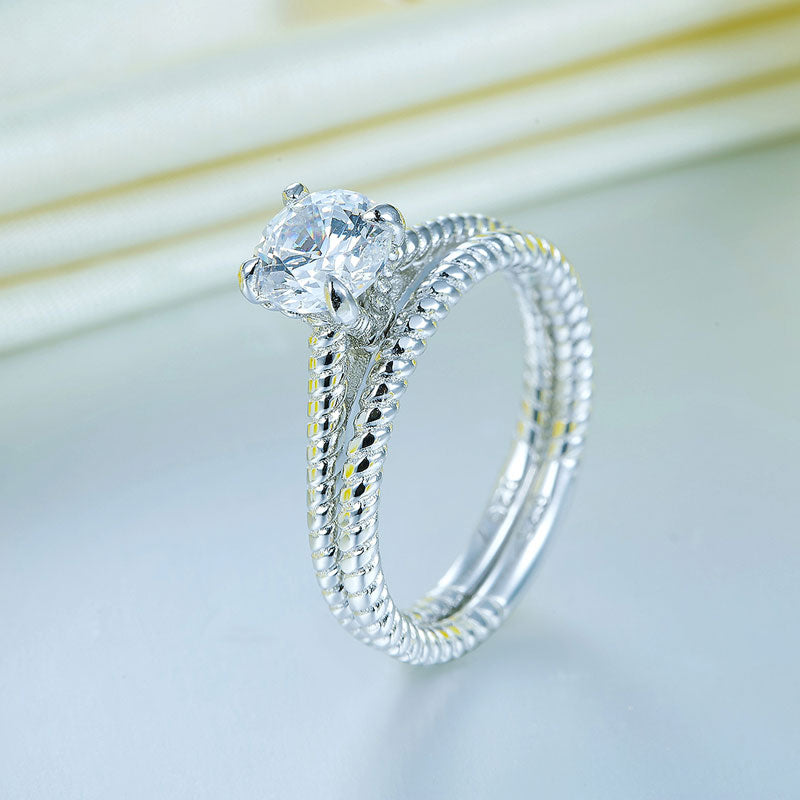 Promise Engagement Silver Twist Solitaire Ring Set - View 7 | SelinJewels