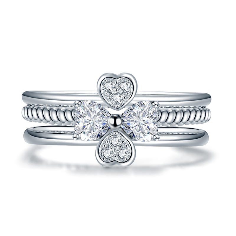 Solid 925 Sterling Silver Ring Set 3-Pcs Heart Love - View 2 | SelinJewels