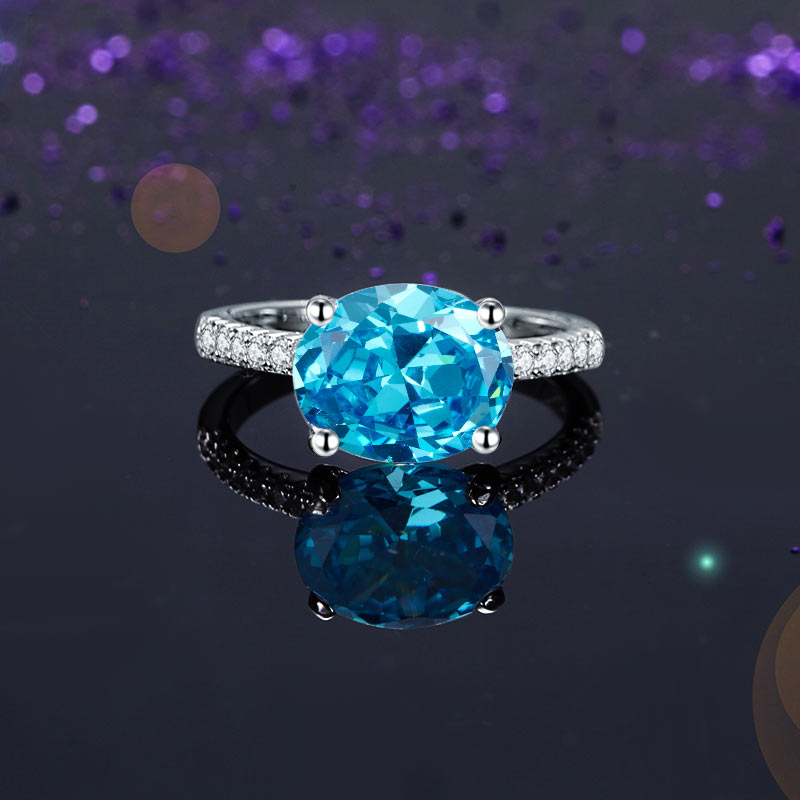 Solid 925 Sterling Silver Blue Oval Anniversary Ring - View 2 | SelinJewels