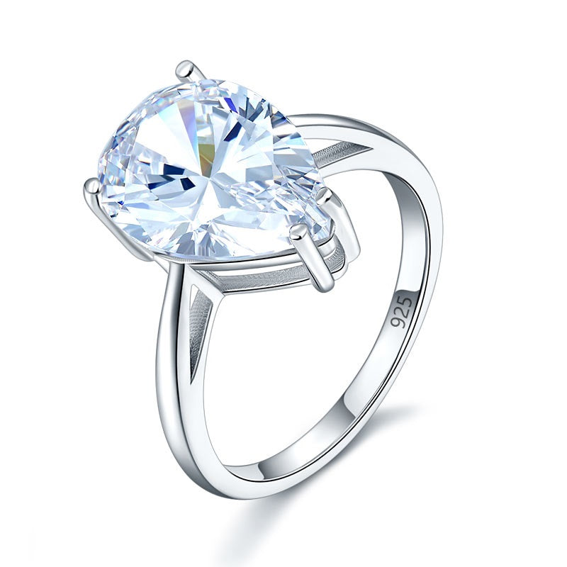 Solid 925 Sterling Silver Luxury Ring Solitaire Pear 4.5 Carat Wedding Engagement Party Pageant Jewelry