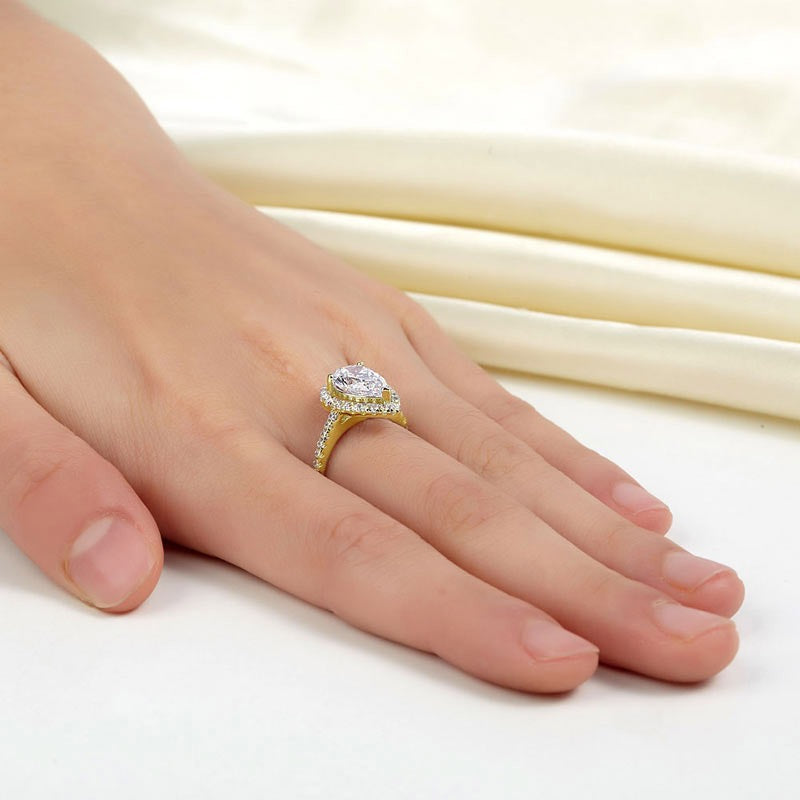 2 Ct Pear Cut Ring Sterling 925 Silver Yellow Gold Plated Wedding Promise Anniversary Engagement Jewelry