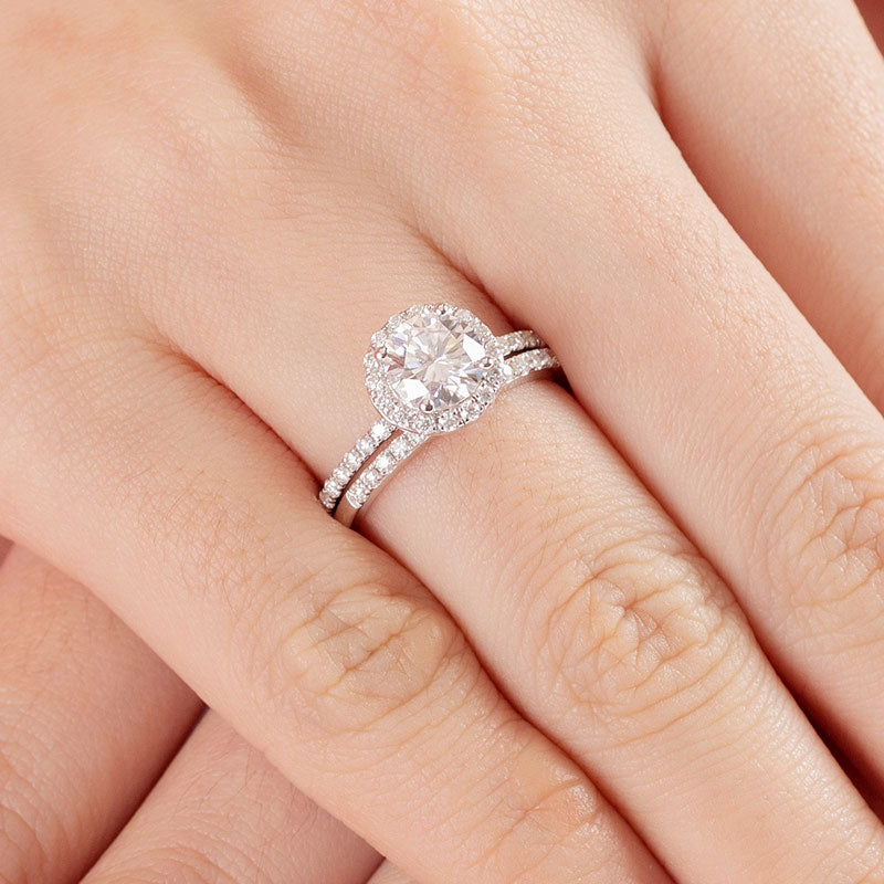 1 Carat Moissanite Diamond Halo Ring Set - View 7 | SelinJewels