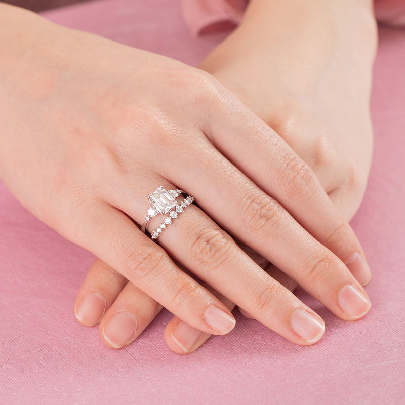 2 Carat Emerald Cut Moissanite Diamond Ring Set - View 7 | SelinJewels