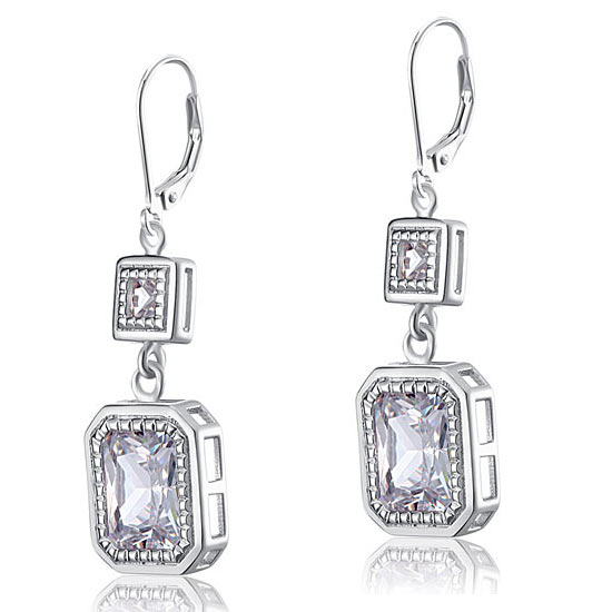 4 Carat Emerald Cut Simulated Diamond 925 Sterling Silver Dangle Earrings - View 3 | SelinJewels