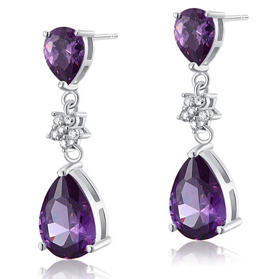 3.5 Carat Purple Pear Cut Simulated Sapphire 925 Sterling Silver Dangle Earrings - View 3 | SelinJewels