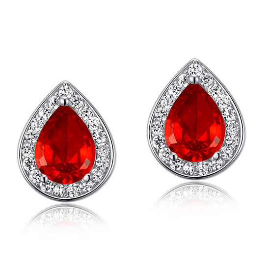 1 Carat Pear Cut Red Simulated Ruby 925 Sterling Silver Stud Earrings - View 3 | SelinJewels
