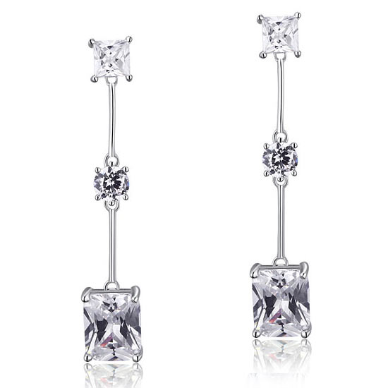 4 Carat Emerald Cut Simulated Diamond 925 Sterling Silver Dangle Earrings - View 2 | SelinJewels