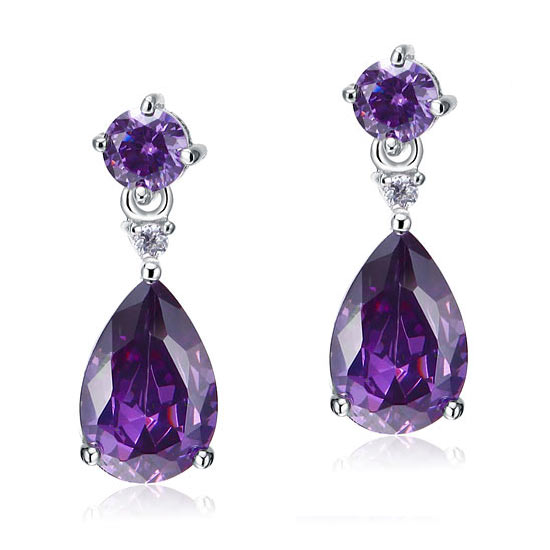 3 Carat Pear Cut Simulated Purple Sapphire 925 Sterling Silver Dangle Earrings - View 2 | SelinJewels