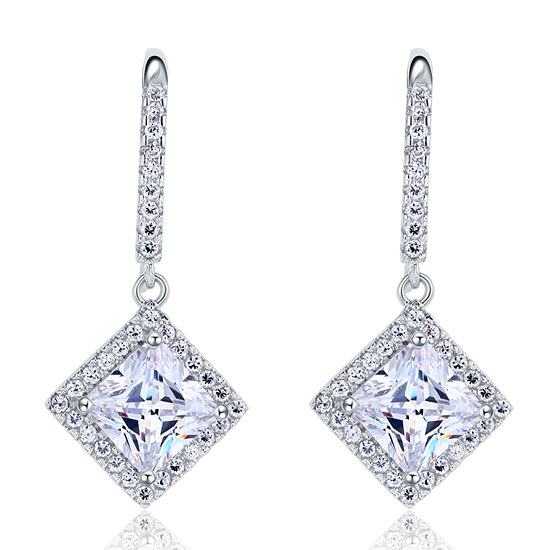 3 Carat Simulated Princess Cut Diamond Dangle Drop Sterling 925 Silver Earrings - View 3 | SelinJewels