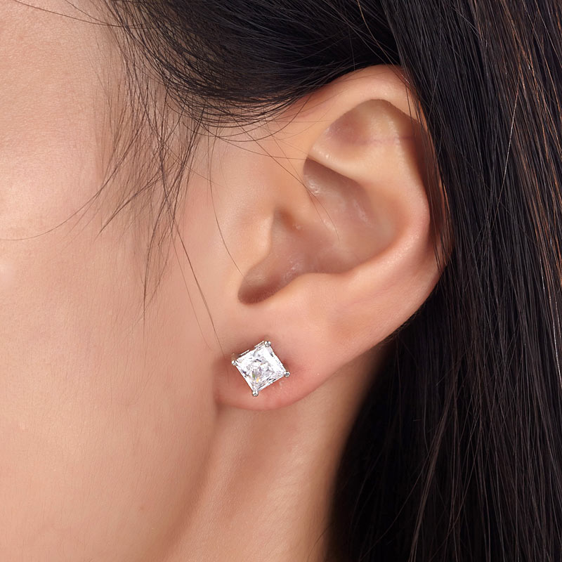 925 Sterling Silver Stud Earrings 1 Carat Princess Cut Simulated Diamond - View 2 | SelinJewels