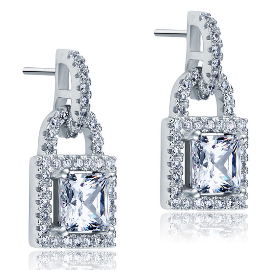 Simulated Diamond Dangle Drop Key Lock Sterling 925 Silver Earrings - View 4 | SelinJewels