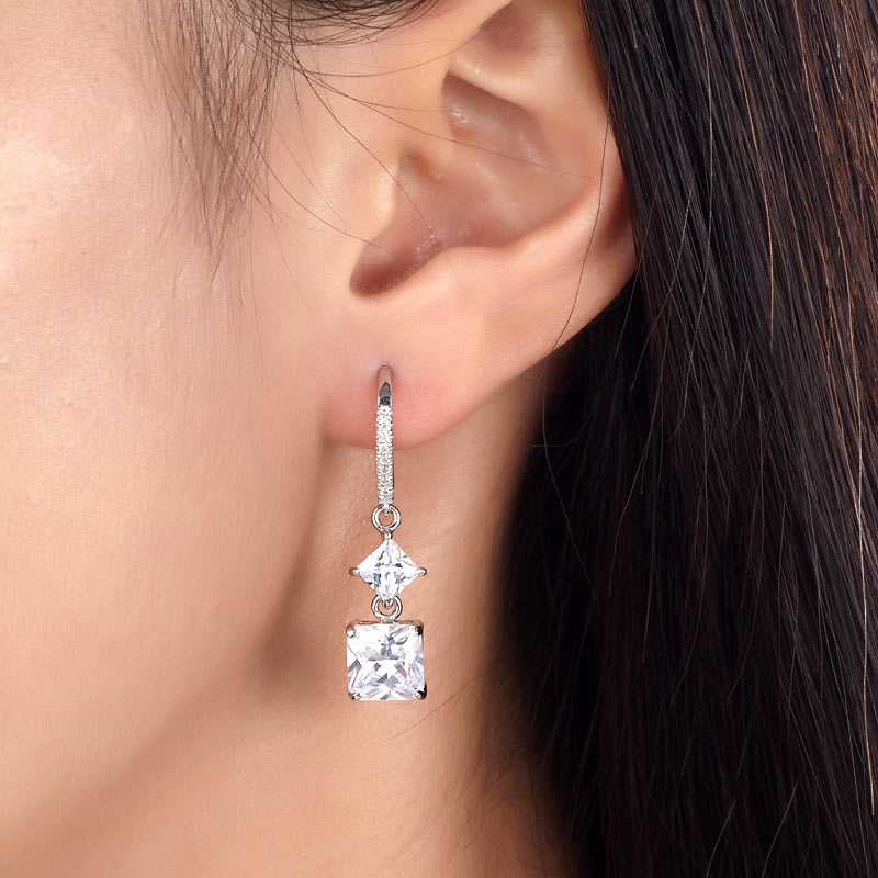2 Carat Princess Cut Simulated Diamond Dangle Drop 925 Sterling Silver Earrings - View 2 | SelinJewels