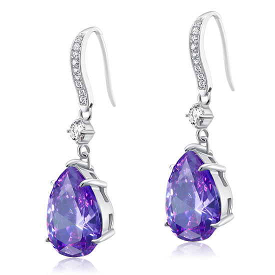 Purple Pear Simulated Sapphire 925 Sterling Silver Dangle Hook Earrings - View 3 | SelinJewels