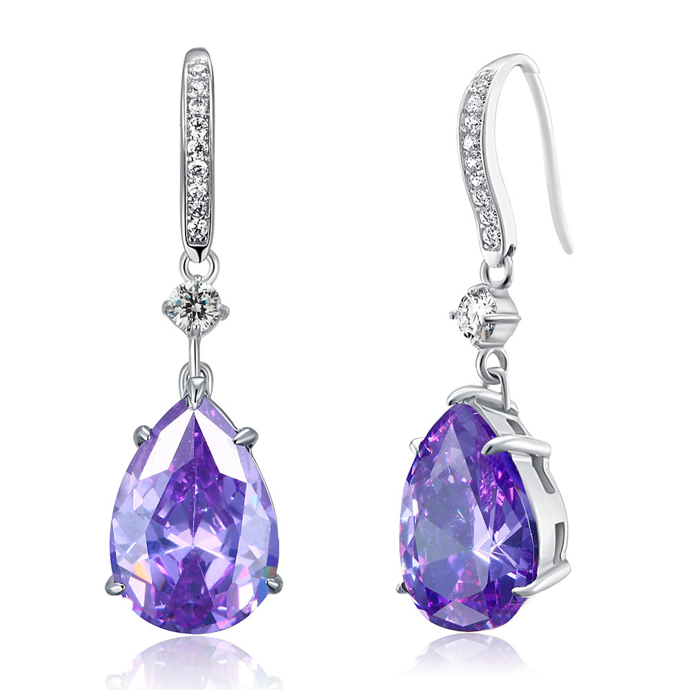 Purple Pear Simulated Sapphire 925 Sterling Silver Dangle Hook Earrings | SelinJewels