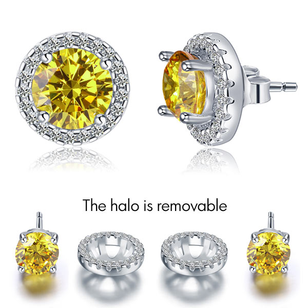 2.5 Carat Round Fancy Yellow Halo Removable Stud 925 Sterling Silver Earrings | SelinJewels