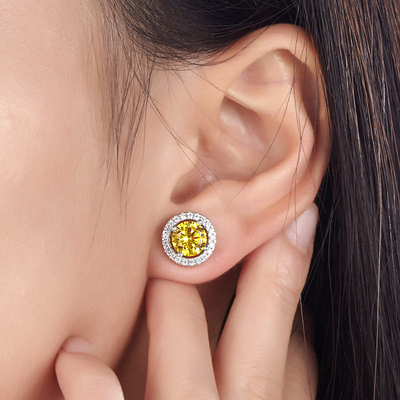 2.5 Carat Round Fancy Yellow Halo Removable Stud 925 Sterling Silver Earrings - View 2 | SelinJewels