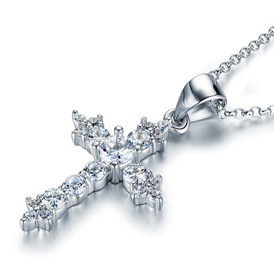 Round Cut Simulated Diamond Cross Pendant - View 3 | SelinJewels