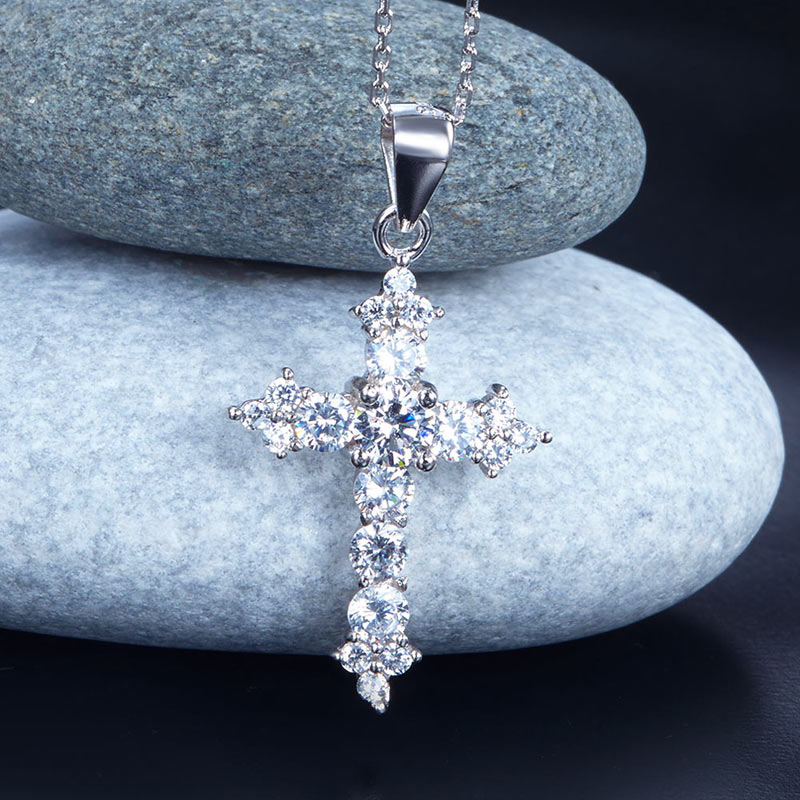 Round Cut Simulated Diamond Cross Pendant - View 5 | SelinJewels
