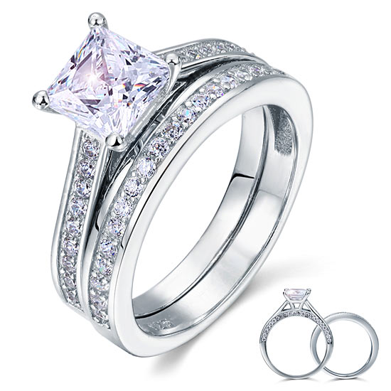 1.5 Carat Princess Cut Simulated Diamond 2-Pcs Engagement Ring Set 925 Silver | SelinJewels