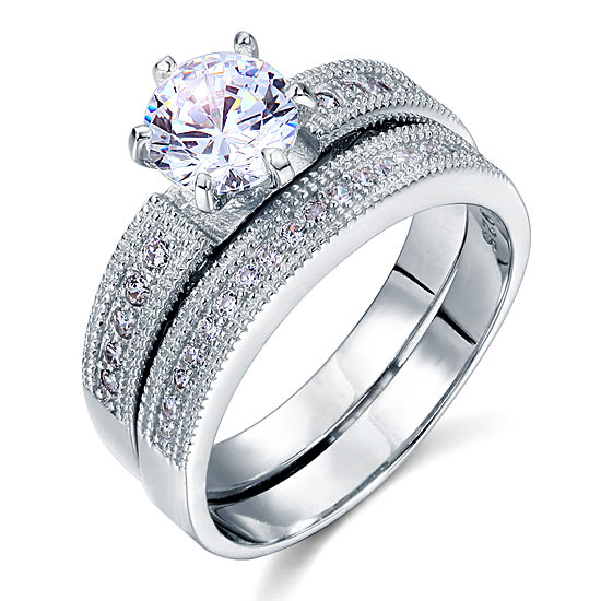 Vintage Style 1.25 Carat Simulated Diamond 2-Pc Ring Set - View 5 | SelinJewels