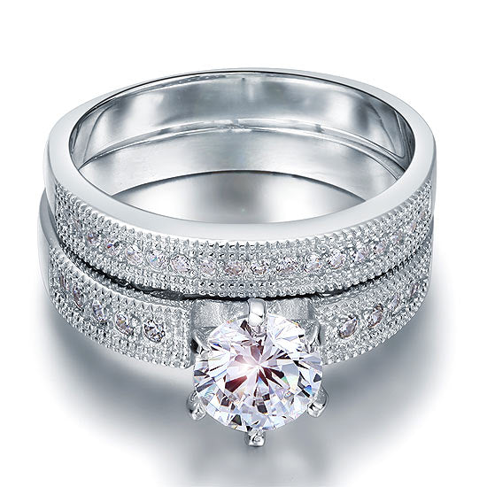 Vintage Style 1.25 Carat Simulated Diamond 2-Pc Ring Set - View 3 | SelinJewels