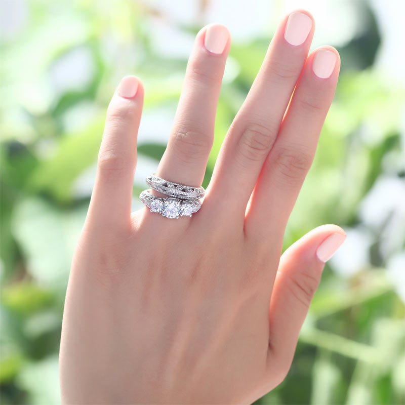 Vintage Victorian Art Deco 1.5 Carat Simulated Diamond 2-Pcs Ring Set - View 2 | SelinJewels