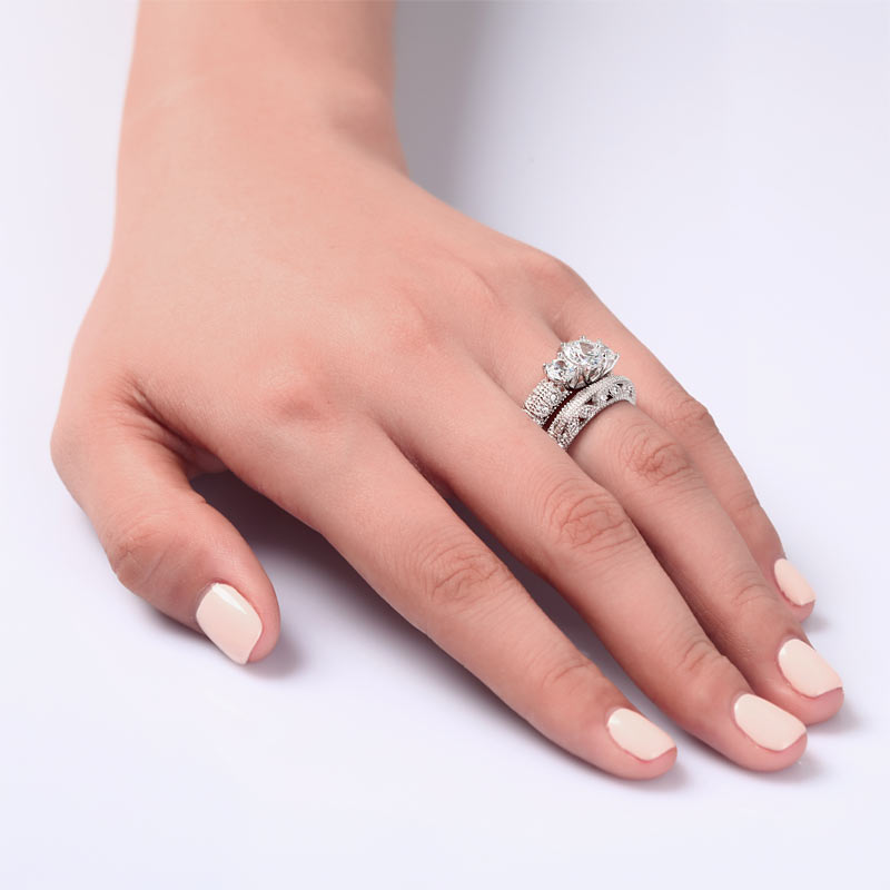 Vintage Style Victorian Art Deco 1.5 Carat Simulated Diamond Solid Sterling 925 Silver 2-Pcs Wedding Engagement Ring Set