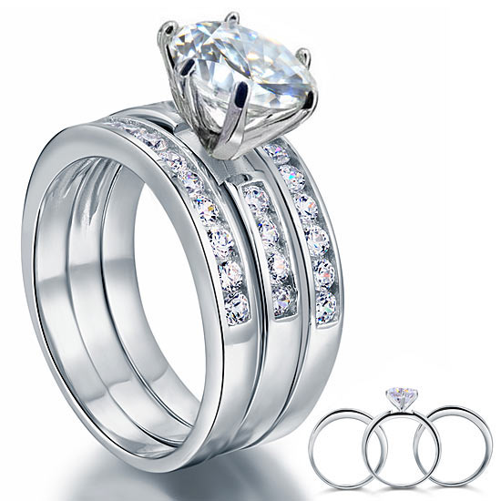 2 Ct Simulated Diamond 925 Sterling Silver 3-Pcs Wedding Engagement Ring Set | SelinJewels