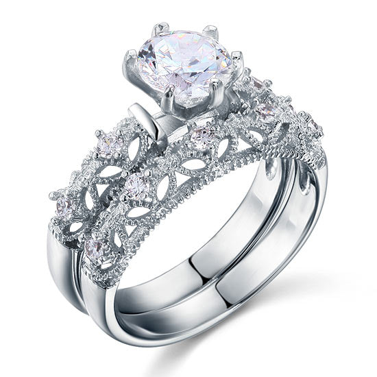 Vintage Victorian Art Deco 1.25 Carat Simulated Diamond 2-Pcs Ring Set - View 5 | SelinJewels