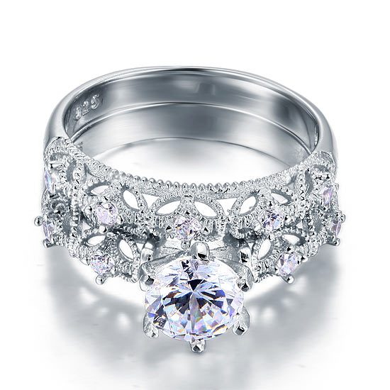 Vintage Victorian Art Deco 1.25 Carat Simulated Diamond 2-Pcs Ring Set - View 3 | SelinJewels