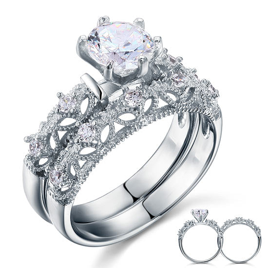 Vintage Victorian Art Deco 1.25 Carat Simulated Diamond Sterling 925 Silver 2-Pcs Ring Set | SelinJewels